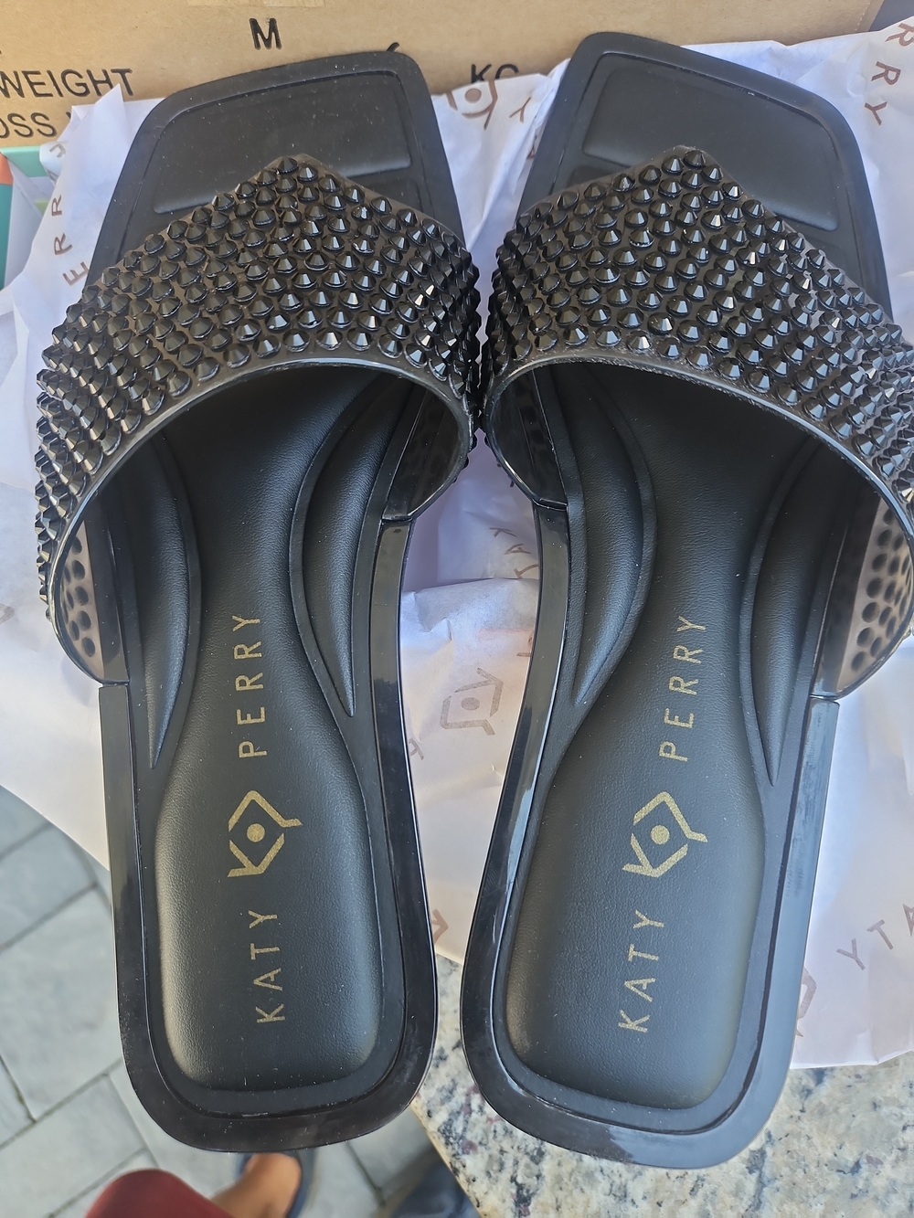 NEW IN BOX! Katy Perry Collections Black Studded Slide Sandals with Wide